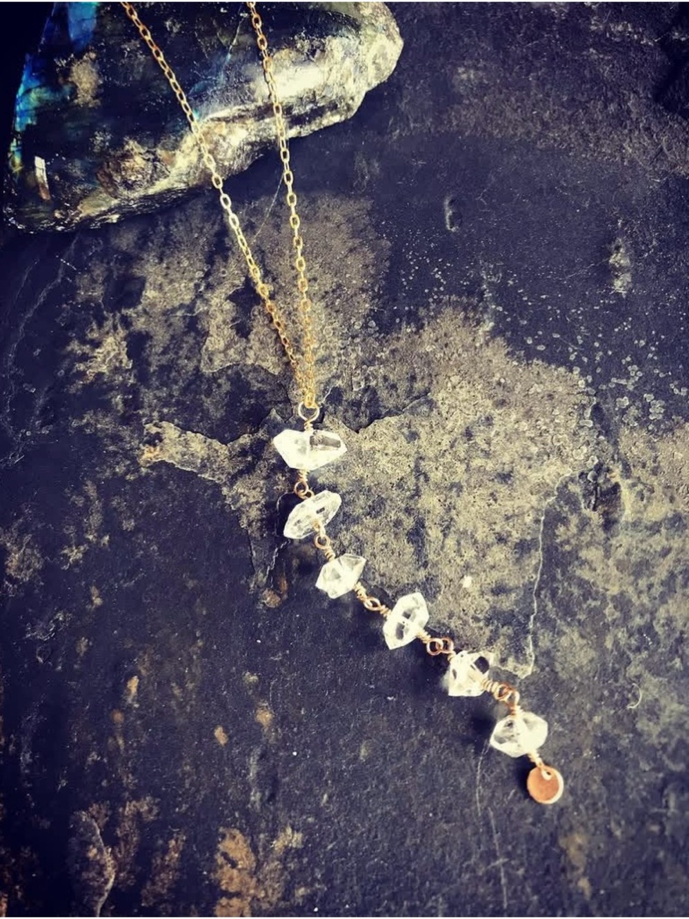 Authentic Herkimer Diamond Lariat Drop Necklace - Gold Vermeil